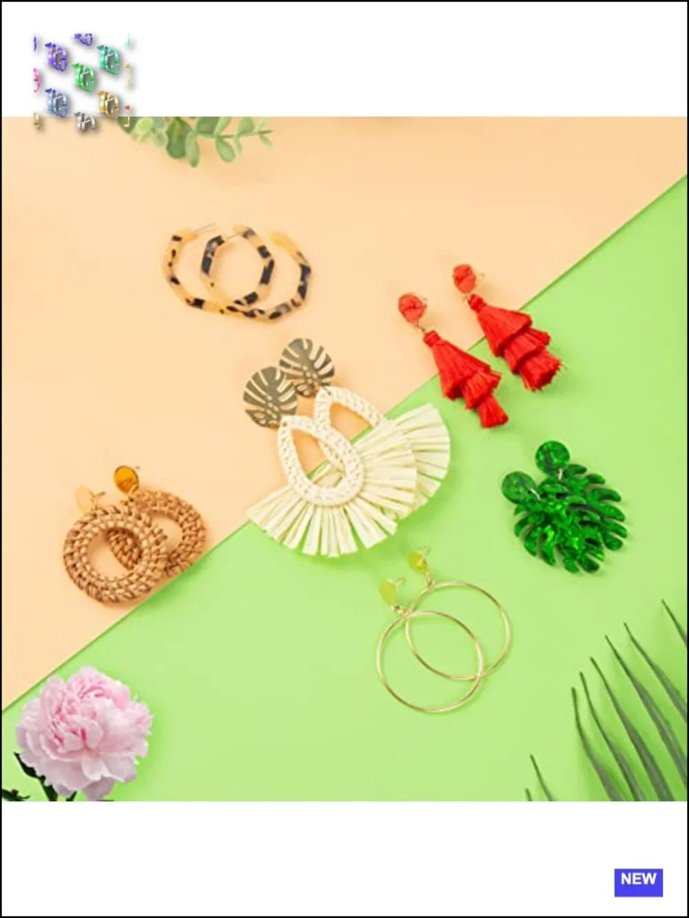 6 Pairs Rattan Earrings Set Lightweight Geometric Hoop Dangle Drop Straw Summer